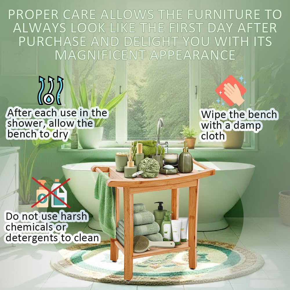 Bamboo Shower Bench with Handles and Shelf – Waterproof Stool for Inside Shower, Bathroom Foot Rest, Shaving Seat, Bamboo Shower Chair for Adults