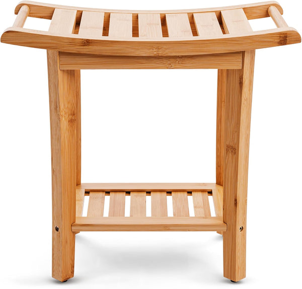 Bamboo Shower Bench with Handles and Shelf – Waterproof Stool for Inside Shower, Bathroom Foot Rest, Shaving Seat, Bamboo Shower Chair for Adults