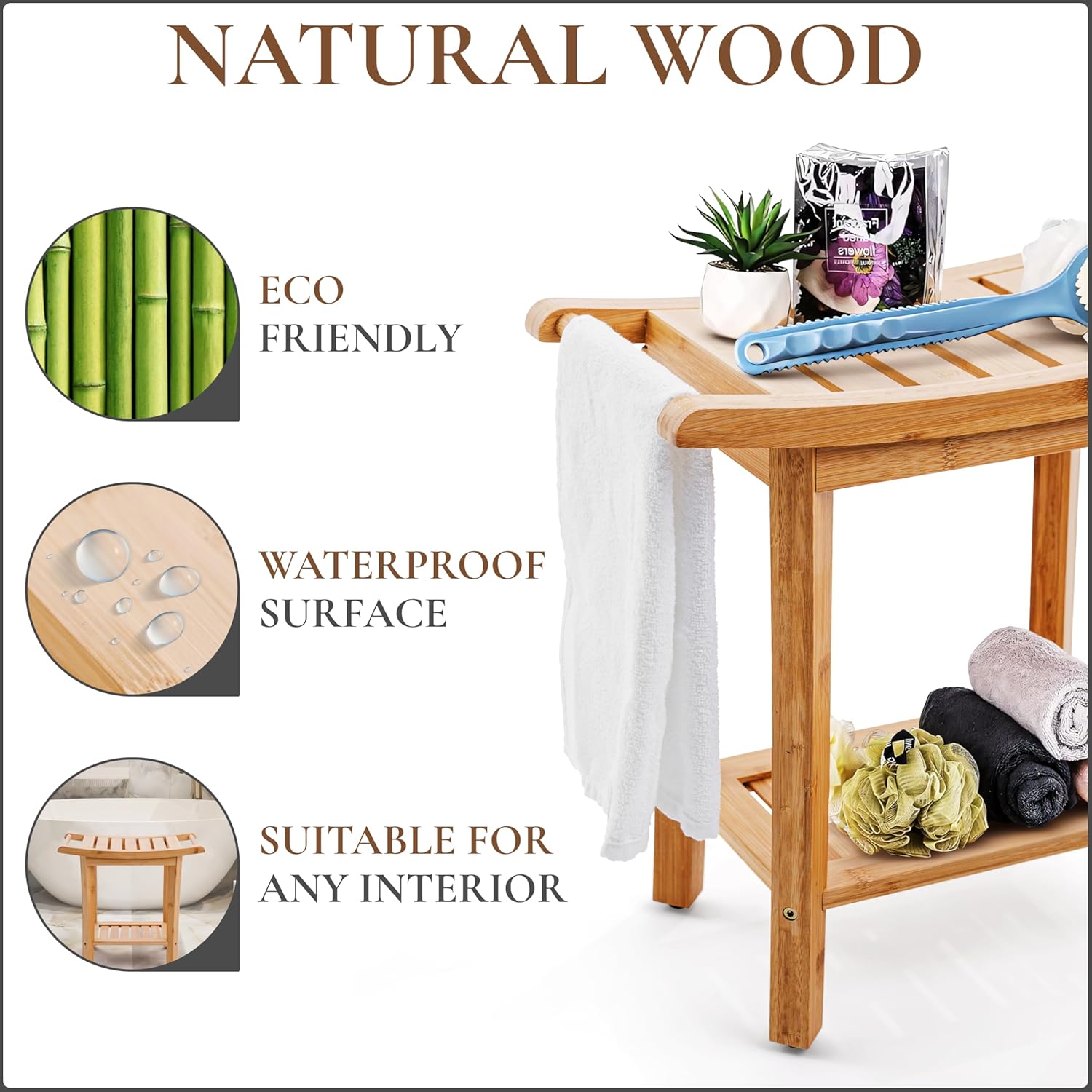 Bamboo Shower Bench with Handles and Shelf – Waterproof Stool for Inside Shower, Bathroom Foot Rest, Shaving Seat, Bamboo Shower Chair for Adults