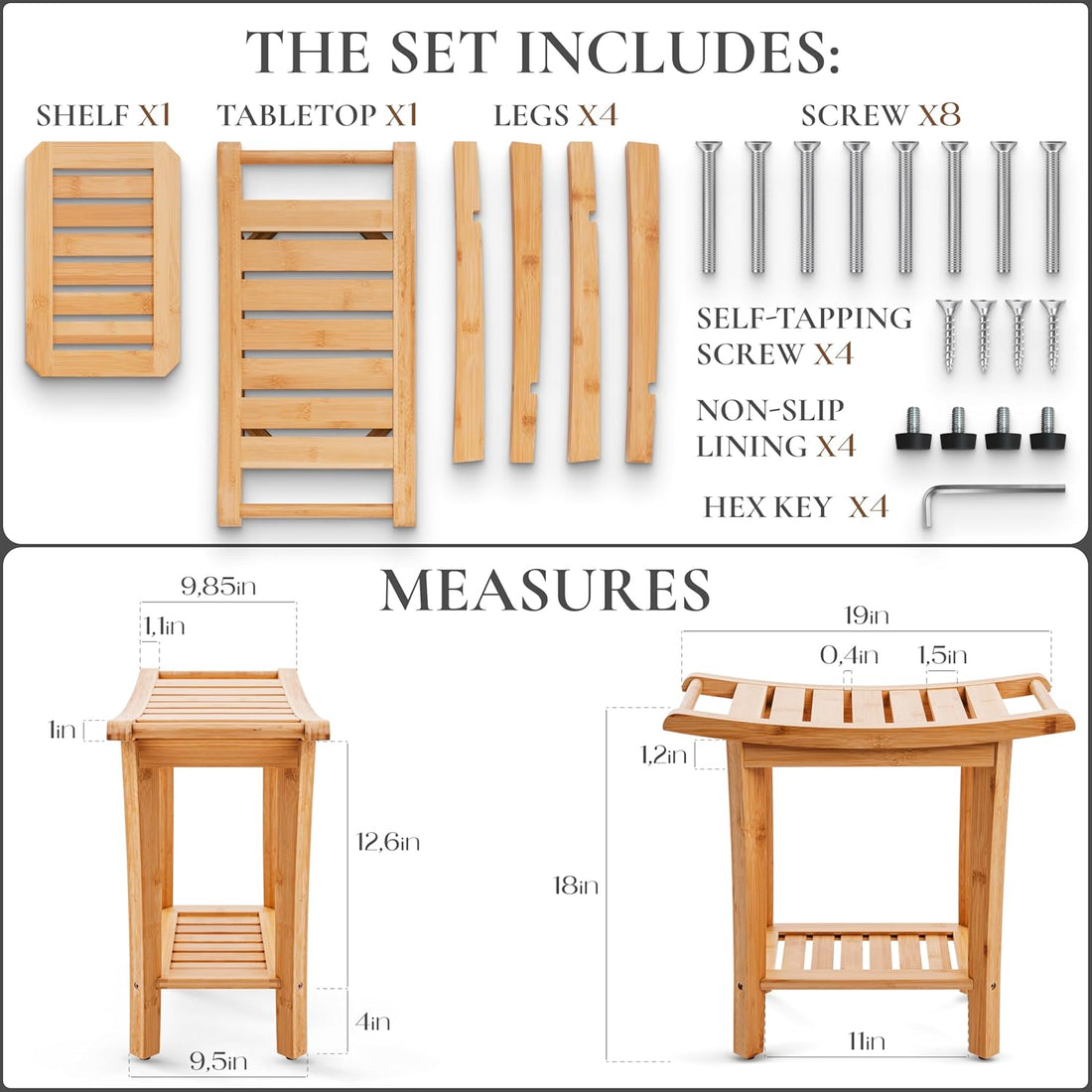 Bamboo Shower Bench with Handles and Shelf – Waterproof Stool for Inside Shower, Bathroom Foot Rest, Shaving Seat, Bamboo Shower Chair for Adults
